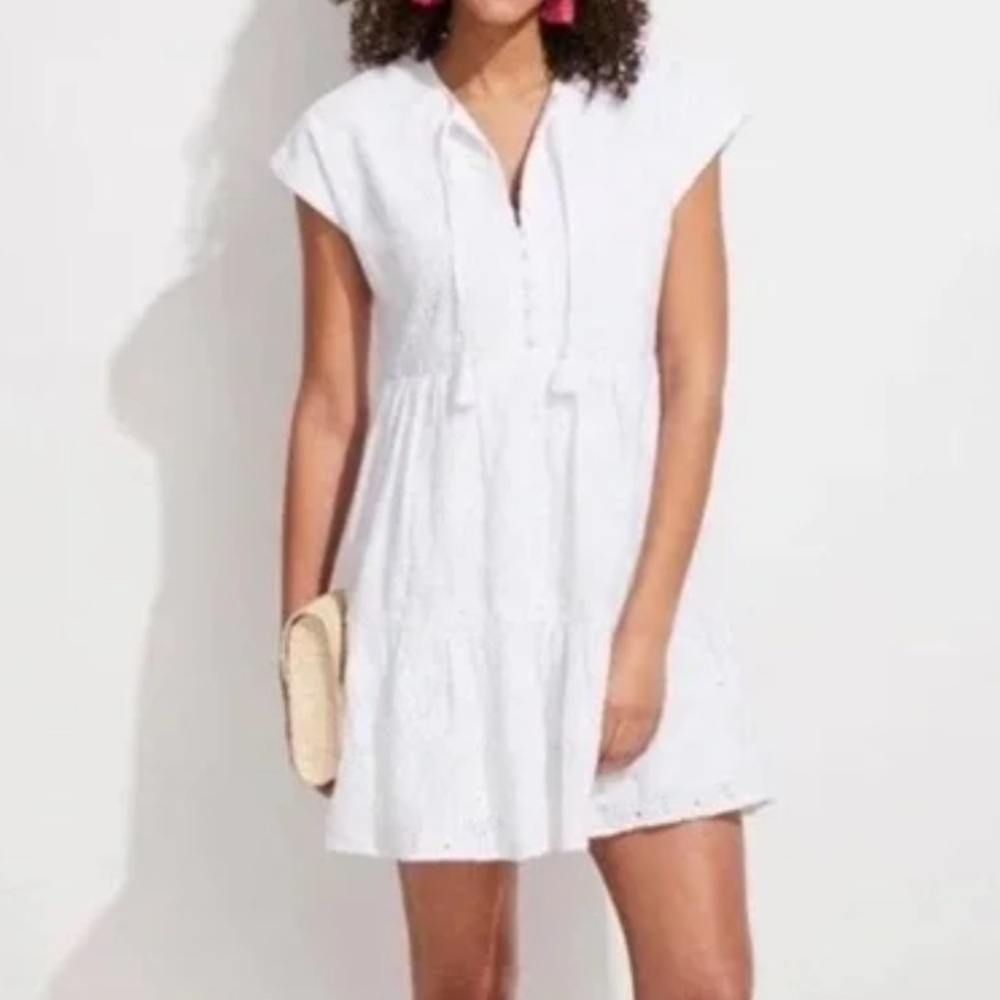 🌟VINEYARD WINES🌟 ISLAND COTTON EYELET SWING TIERED TIE NECK DRESS WHITE SZ XS